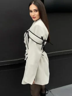 Robes Blazer Col Rabattu Bicolore À Lacets Manches Longues Chic Vêtements Femme Mini Robes
