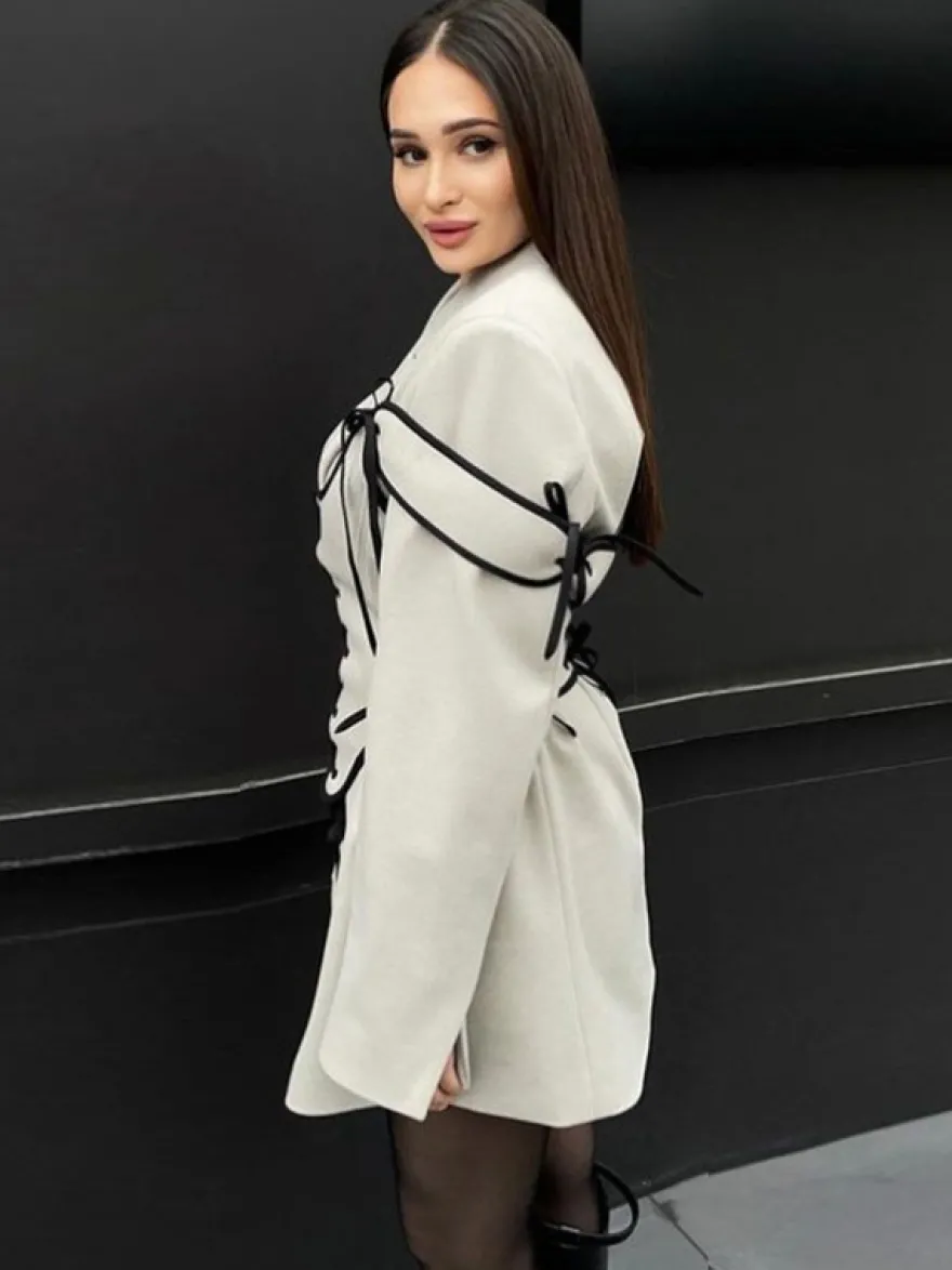 Robes Blazer Col Rabattu Bicolore À Lacets Manches Longues Chic Vêtements Femme Mini Robes