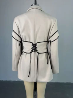 Robes Blazer Col Rabattu Bicolore À Lacets Manches Longues Chic Vêtements Femme Mini Robes