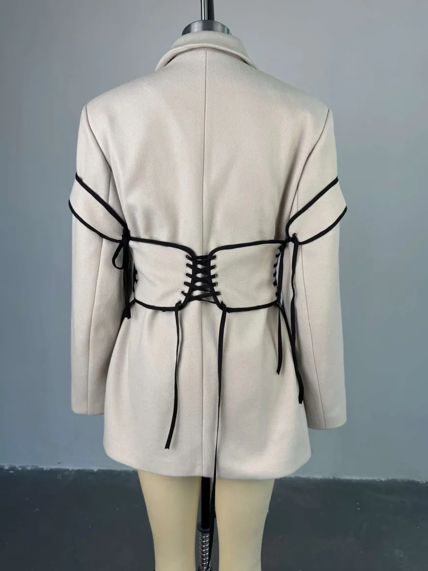 Robes Blazer Col Rabattu Bicolore À Lacets Manches Longues Chic Vêtements Femme Mini Robes