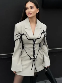 Robes Blazer Col Rabattu Bicolore À Lacets Manches Longues Chic Vêtements Femme Mini Robes