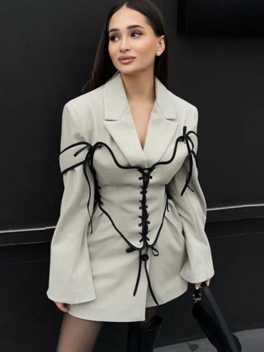 Robes Blazer Col Rabattu Bicolore À Lacets Manches Longues Chic Vêtements Femme Mini Robes