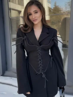 Robes Blazer Col Rabattu Bicolore À Lacets Manches Longues Chic Vêtements Femme Mini Robes