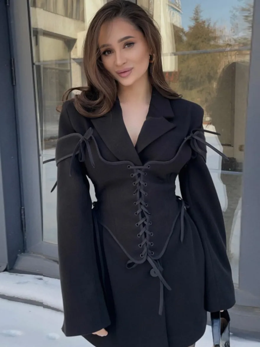 Robes Blazer Col Rabattu Bicolore À Lacets Manches Longues Chic Vêtements Femme Mini Robes