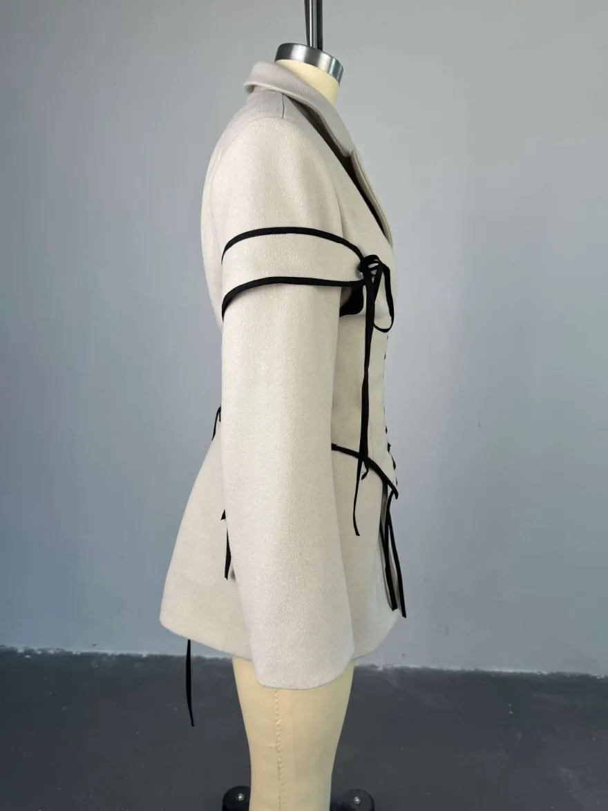 Robes Blazer Col Rabattu Bicolore À Lacets Manches Longues Chic Vêtements Femme Mini Robes