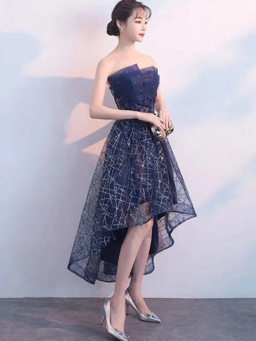 Robes de bal courtes bleu marine en dentelle paillettes Robe de Cocktail