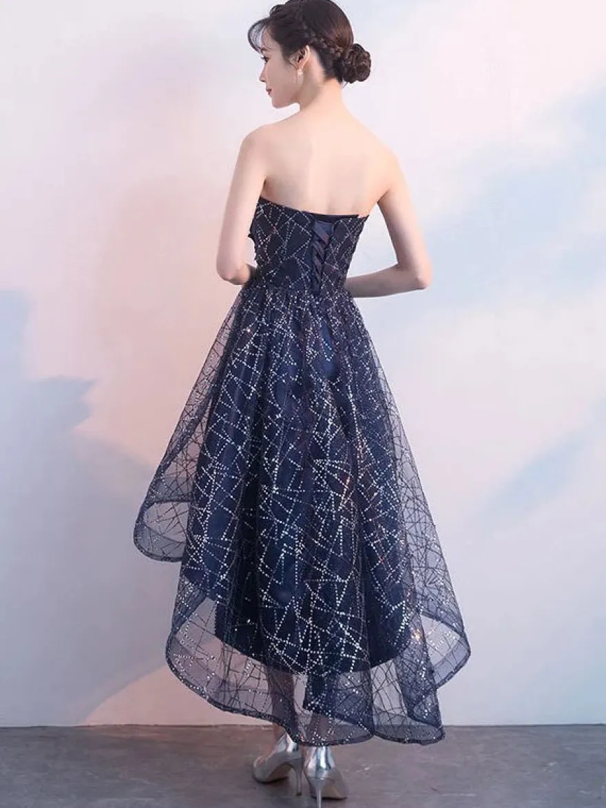 Robes de bal courtes bleu marine en dentelle paillettes Robe de Cocktail