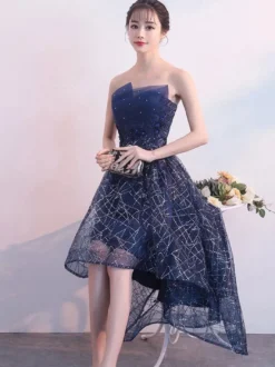 Robes de bal courtes bleu marine en dentelle paillettes Robe de Cocktail