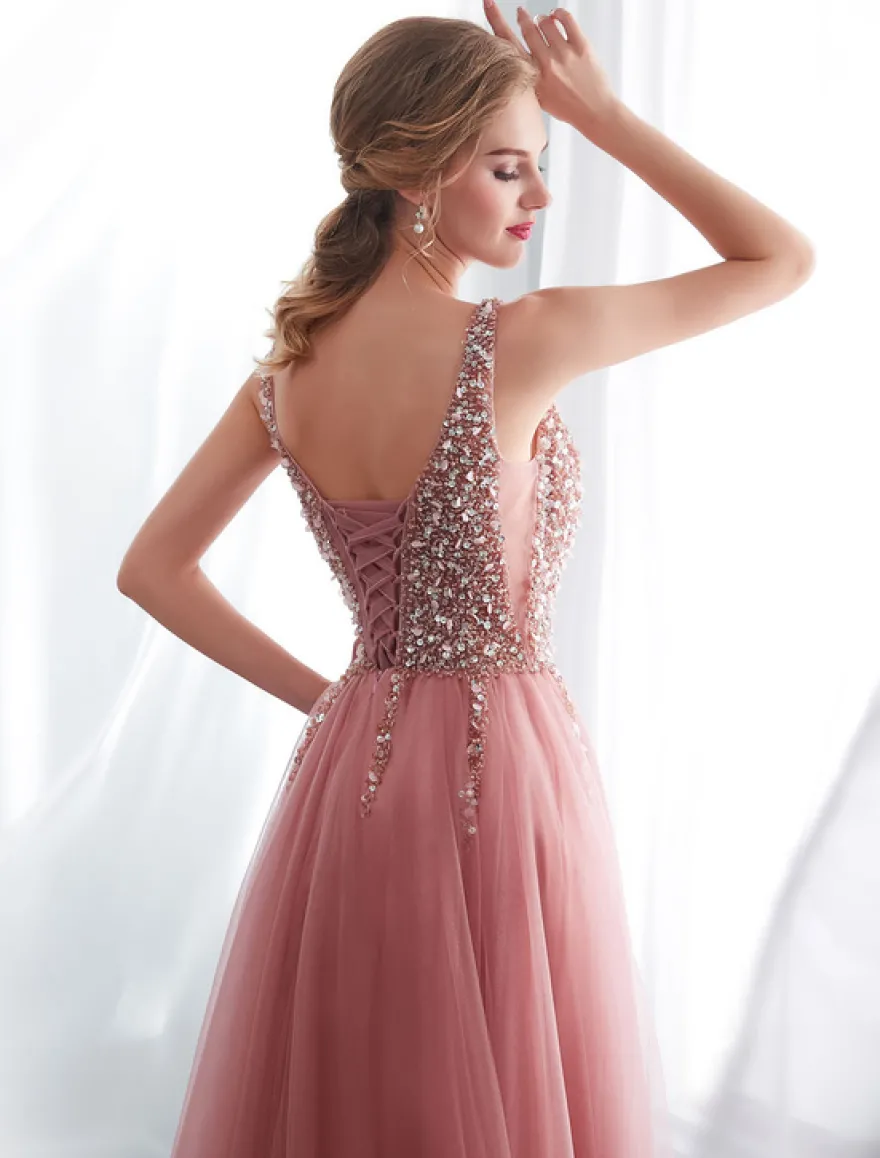 Robes de bal en tulle cameo rose col V pailletes jupe fendue laçage sur dos longueur au sol