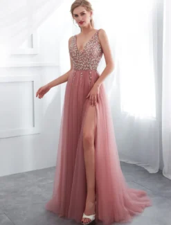 Robes de bal en tulle cameo rose col V pailletes jupe fendue laçage sur dos longueur au sol