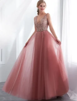 Robes de bal en tulle cameo rose col V pailletes jupe fendue laçage sur dos longueur au sol