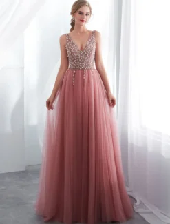Robes de bal en tulle cameo rose col V pailletes jupe fendue laçage sur dos longueur au sol