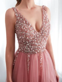 Robes de bal en tulle cameo rose col V pailletes jupe fendue laçage sur dos longueur au sol