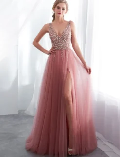 Robes de bal en tulle cameo rose col V pailletes jupe fendue laçage sur dos longueur au sol