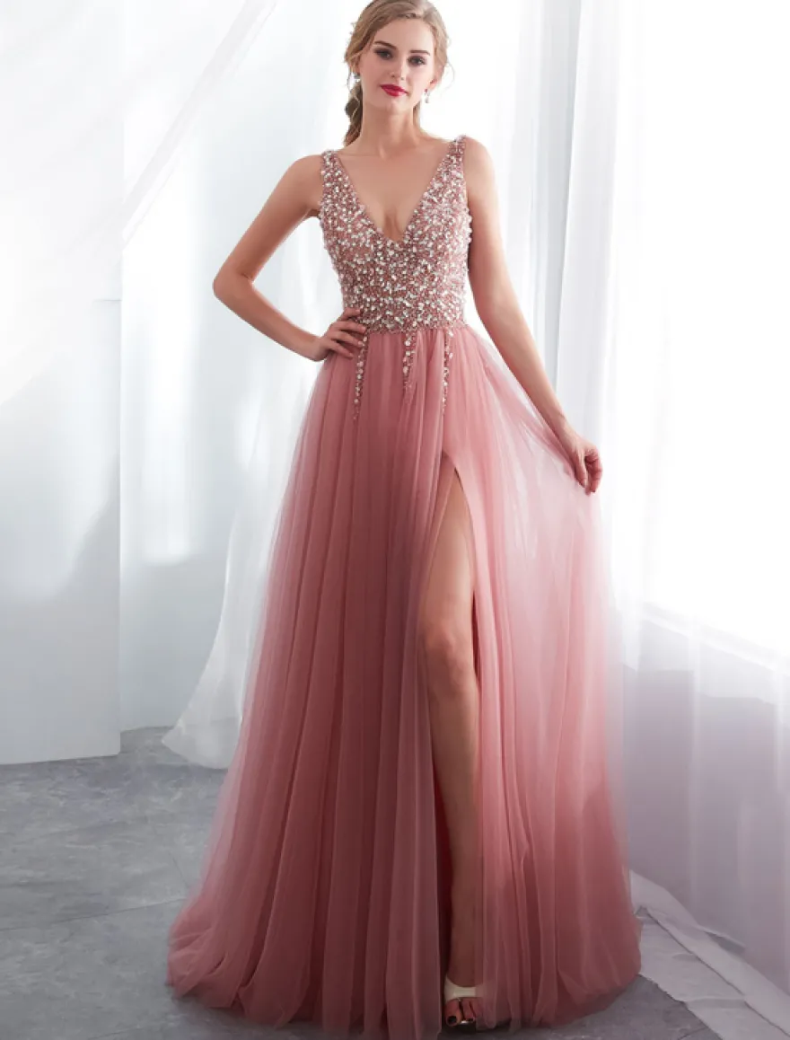 Robes de bal en tulle cameo rose col V pailletes jupe fendue laçage sur dos longueur au sol