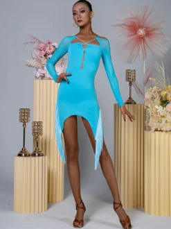Robes de danse latine bleu ciel clair ensemble asymétrique à volants pour femmes robe élégante en Polyester vêtements de danse