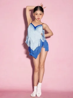 Robes de danse latine bleues à franges et pompons pour femmes costumes de danseuses latines