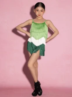 Robes de danse latine bleues à franges et pompons pour femmes costumes de danseuses latines