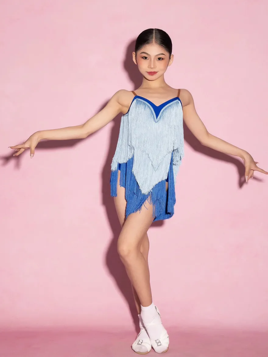 Robes de danse latine bleues à franges et pompons pour femmes costumes de danseuses latines