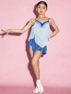 Robes de danse latine bleues à franges et pompons pour femmes costumes de danseuses latines
