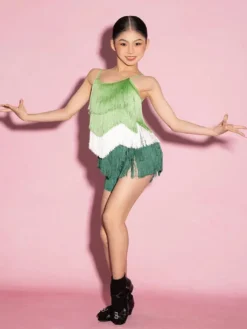 Robes de danse latine bleues à franges et pompons pour femmes costumes de danseuses latines
