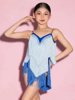 Robes de danse latine bleues à franges et pompons pour femmes costumes de danseuses latines