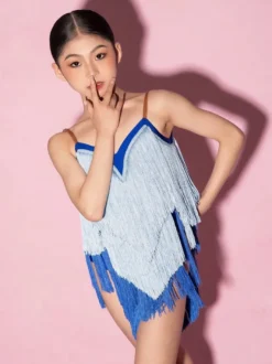 Robes de danse latine bleues à franges et pompons pour femmes costumes de danseuses latines