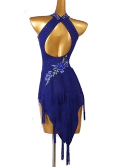 Robes de danse latine bleu marine foncé femmes strass imprimé fleuri moulante Sexy robe en Polyester vêtements de danse