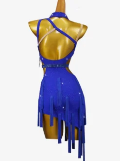 Robes de danse latine bleu Royal femmes Lycra Spandex robe dos nu Sexy strass danseuse latine vêtements de danse