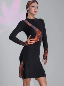 Robes de danse latine noires pour femmes ensemble asymétrique à imprimé Floral robe Sexy en Polyester Costume de danse