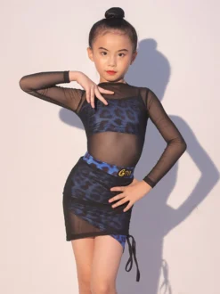 Robes de danse latine noires pour femmes et adultes robe gainante en maille imprimée léopard costumes de danse latine