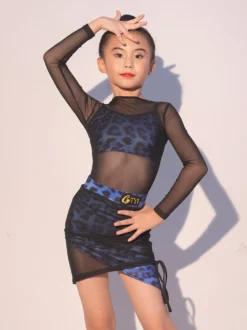 Robes de danse latine noires pour femmes et adultes robe gainante en maille imprimée léopard costumes de danse latine