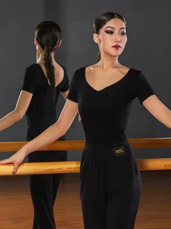 Robes de danse latine noir femmes volants dos nu élégant haut en polyester vêtements de danse