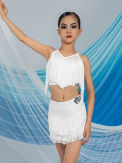 Robes de danse latine robe blanche pour femmes Sexy haut en Polyester jupe vêtements de danse