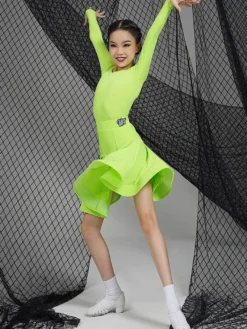 Robes de danse latine robe en Polyester fille verte Costume de danse de danseuse latine Sexy