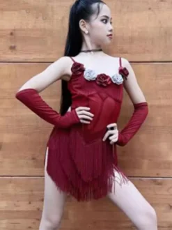 Robes de danse latine Robe en polyester bordeaux pour fille Vêtements de danse à fleurs