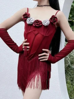 Robes de danse latine Robe en polyester bordeaux pour fille Vêtements de danse à fleurs