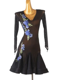 Robes de danse latine Robe en polyester pour femmes noires Imprimé floral Strass sexy Danseuse latine Vêtements de danse