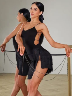 Robes de danse latine robe noire pour femmes jupe en Polyester Sexy Costume de danse