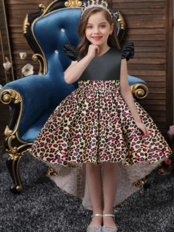 Robes de demoiselle d'honneur jaunes avec train col en V sans manches imprimé léopard robes de soirée pour enfants