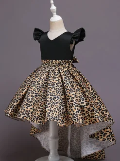 Robes de demoiselle d'honneur jaunes avec train col en V sans manches imprimé léopard robes de soirée pour enfants