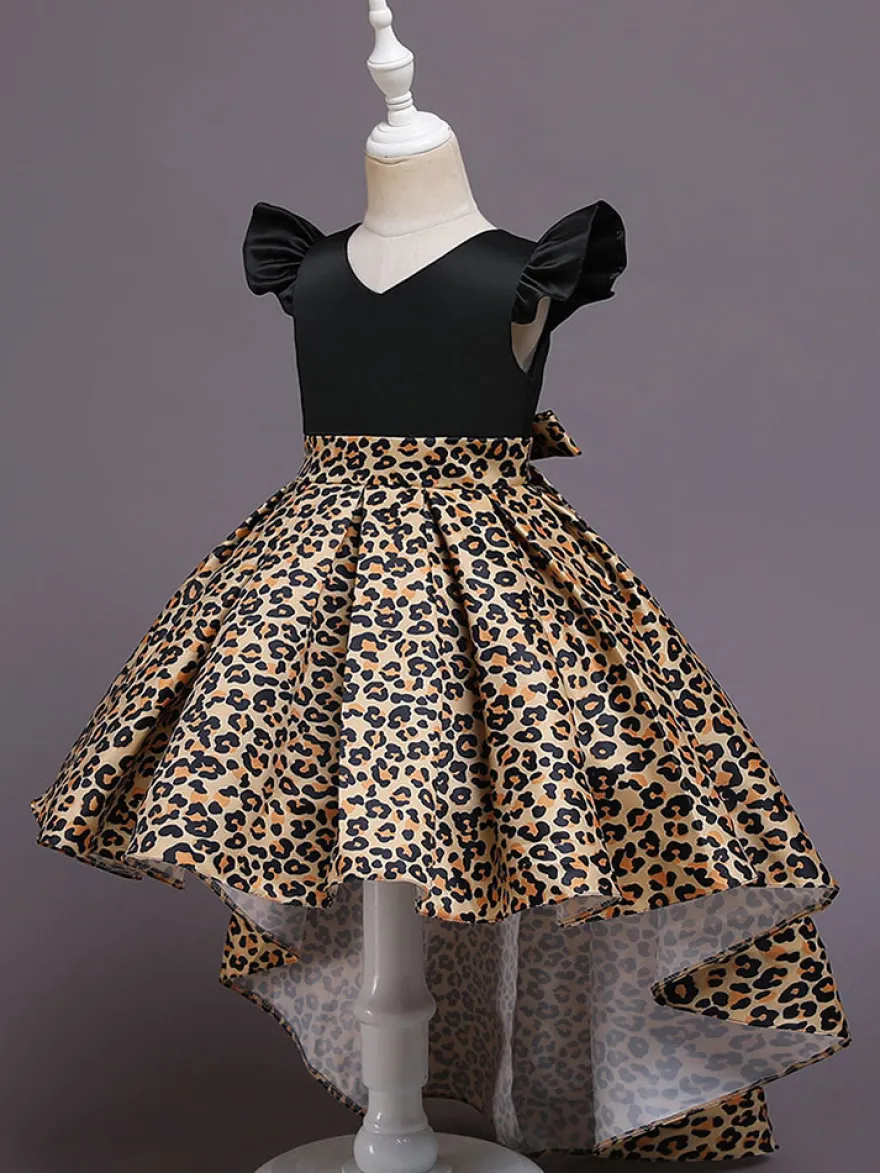 Robes de demoiselle d'honneur jaunes avec train col en V sans manches imprimé léopard robes de soirée pour enfants