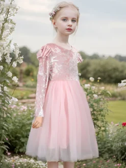 Robes de demoiselle d'honneur de mariage Robes pour occasions spéciales Rose Manches longues Volants