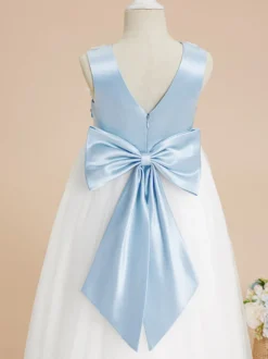Robes de demoiselle d'honneur de mariage robes d'occasion spéciale bleu bébé nœuds sans manches