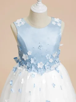 Robes de demoiselle d'honneur de mariage robes d'occasion spéciale bleu bébé nœuds sans manches