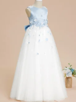 Robes de demoiselle d'honneur de mariage robes d'occasion spéciale bleu bébé nœuds sans manches