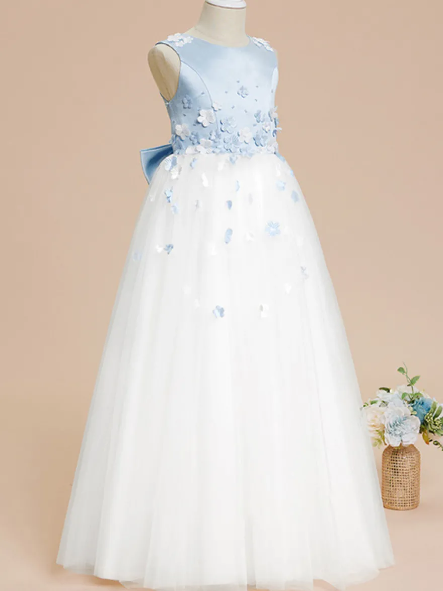 Robes de demoiselle d'honneur de mariage robes d'occasion spéciale bleu bébé nœuds sans manches