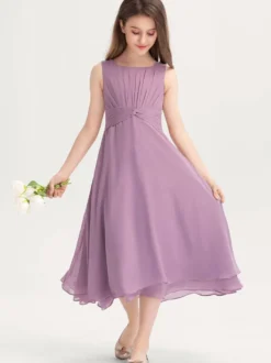 Robes de demoiselle d'honneur blanches Robes pour occasions spéciales Robes de demoiselle d'honneur violettes en mousseline de soie sans manches à col bijou