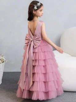 Robes de demoiselle d'honneur de mariage robes d'occasion spéciale rose fuchsia nœuds sans manches