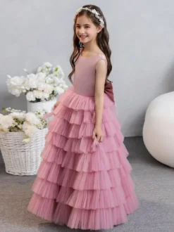 Robes de demoiselle d'honneur de mariage robes d'occasion spéciale rose fuchsia nœuds sans manches